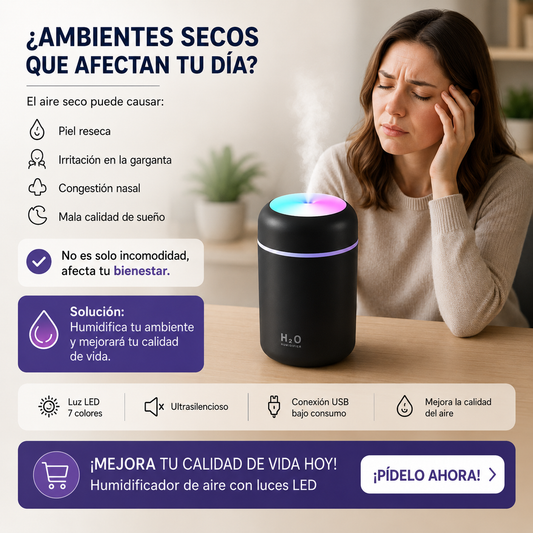 Mini humidificador portátil H2O con luz LED multicolor