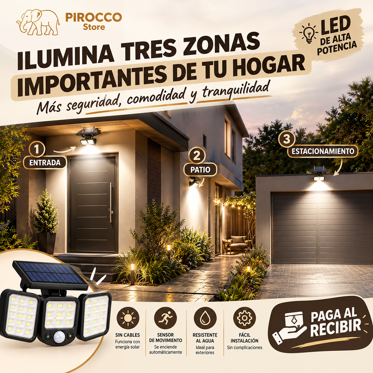 3x1 Foco Solar LED Tipo Cámara con Sensor de Movimiento