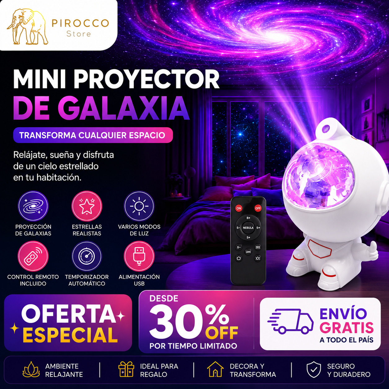 Mini Proyector Astronauta Galaxia con control
