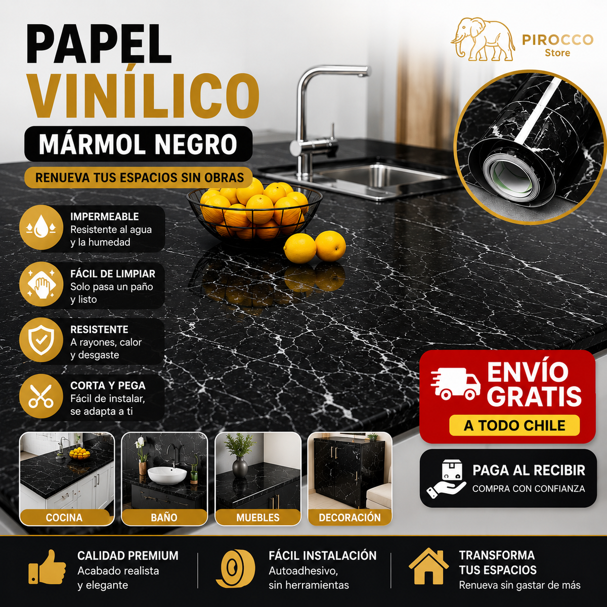 Papel Vinílico Mármol Negro 3M x 300CM