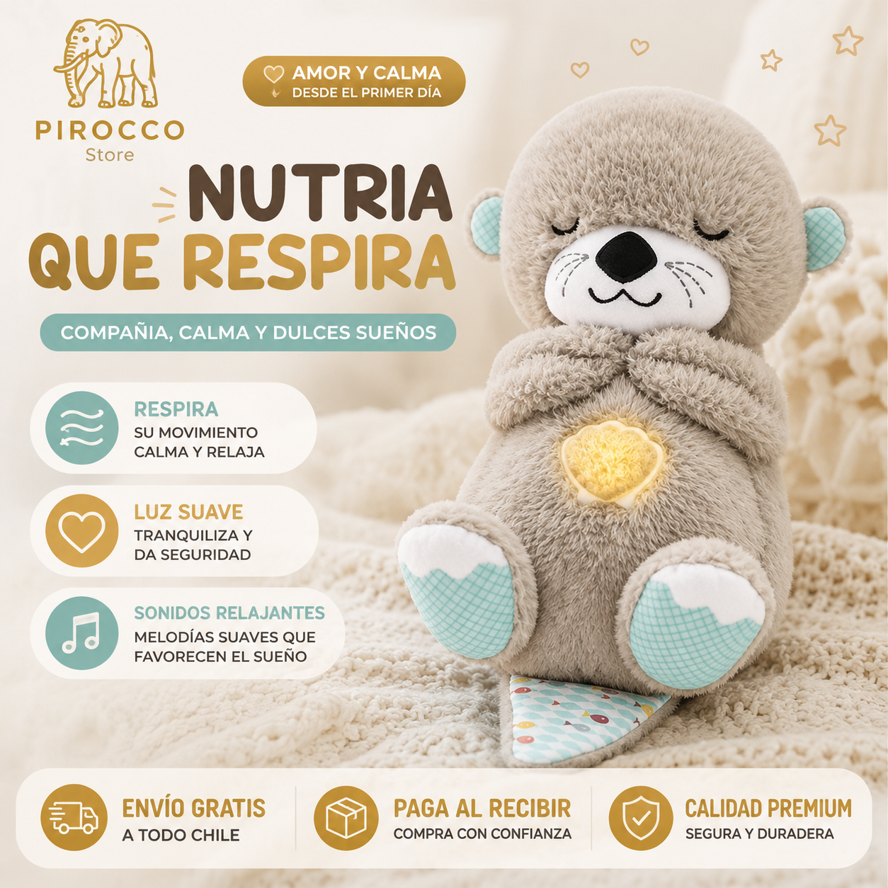 🥉 Nutria que Respira – Peluche de Apego con Luz y Sonidos