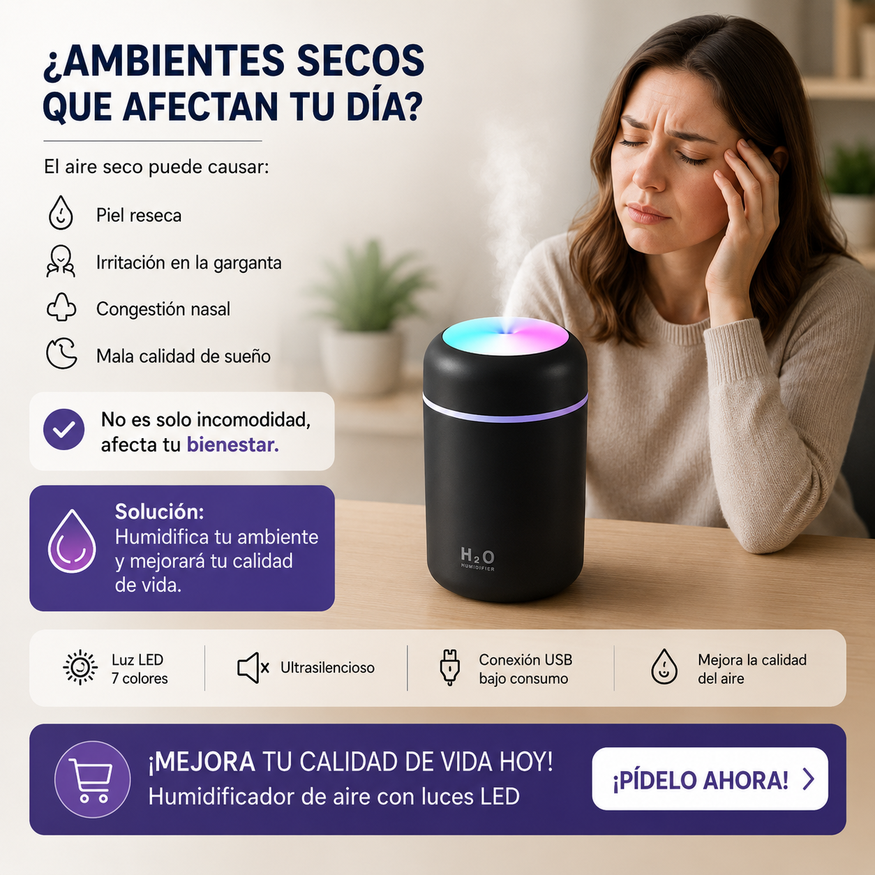 Mini humidificador portátil H2O con luz LED multicolor