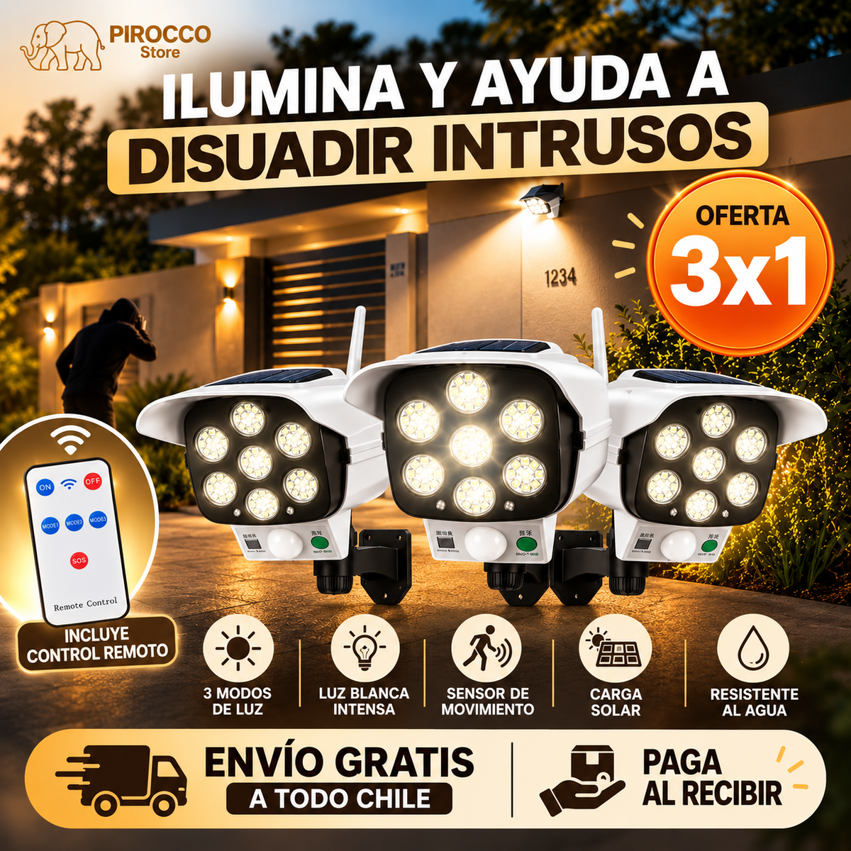 3x1 Foco Solar LED Tipo Cámara con Sensor de Movimiento
