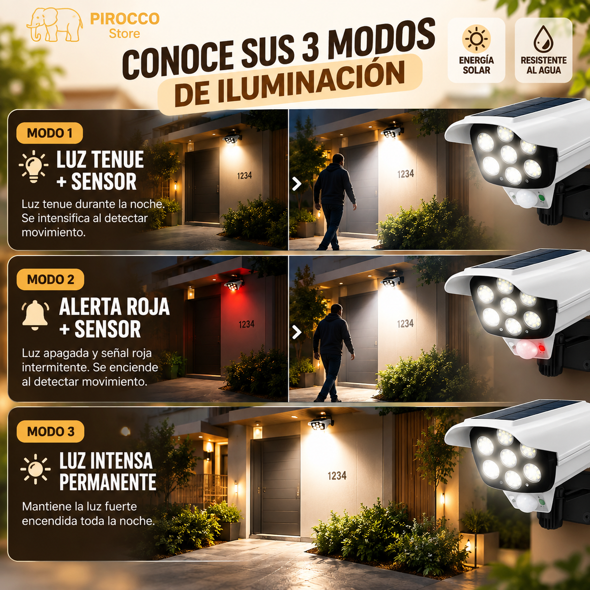 3x1 Foco Solar LED Tipo Cámara con Sensor de Movimiento