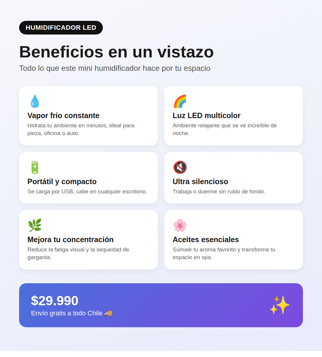 Infografía con los beneficios del humidificador purificador de aire LED: vapor frío, luz LED multicolor, portátil, silencioso, mejora la concentración y compatible con aceites esenciales